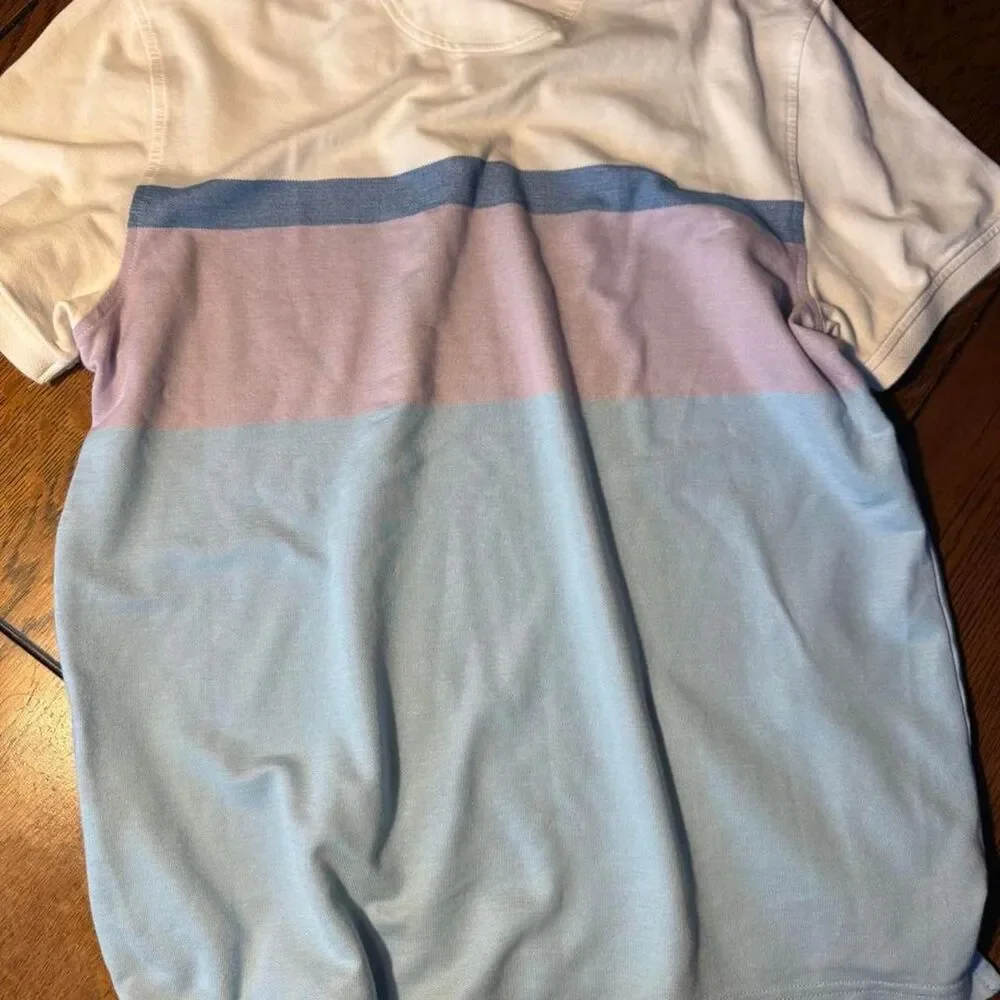 Izod white, light blue, and lavender horizontal striped polo shirt. Size L